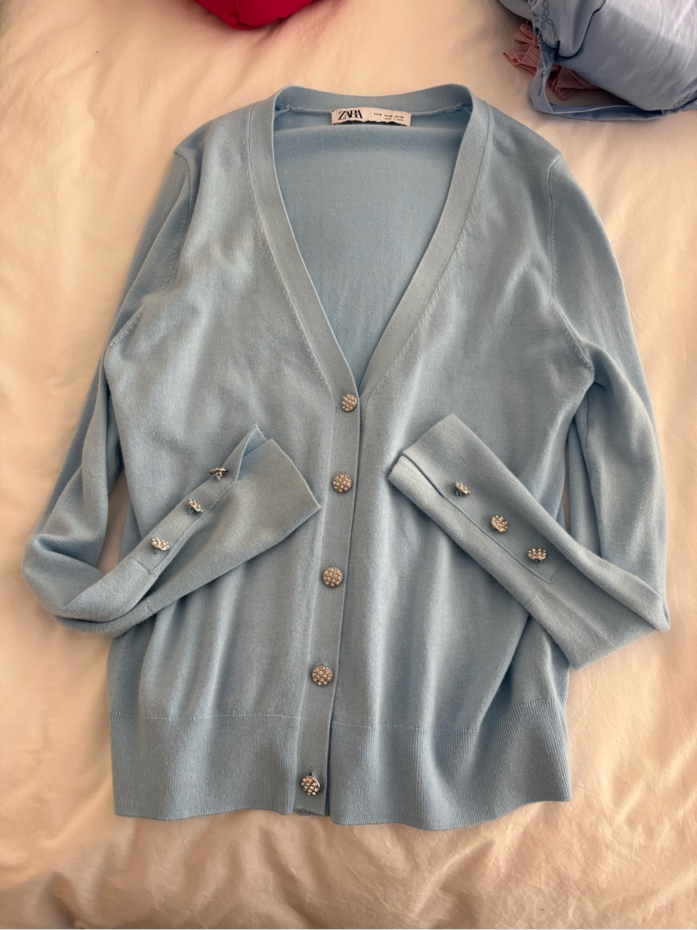 Zara Light Blue Jewel-Button V-Neck Cardigan